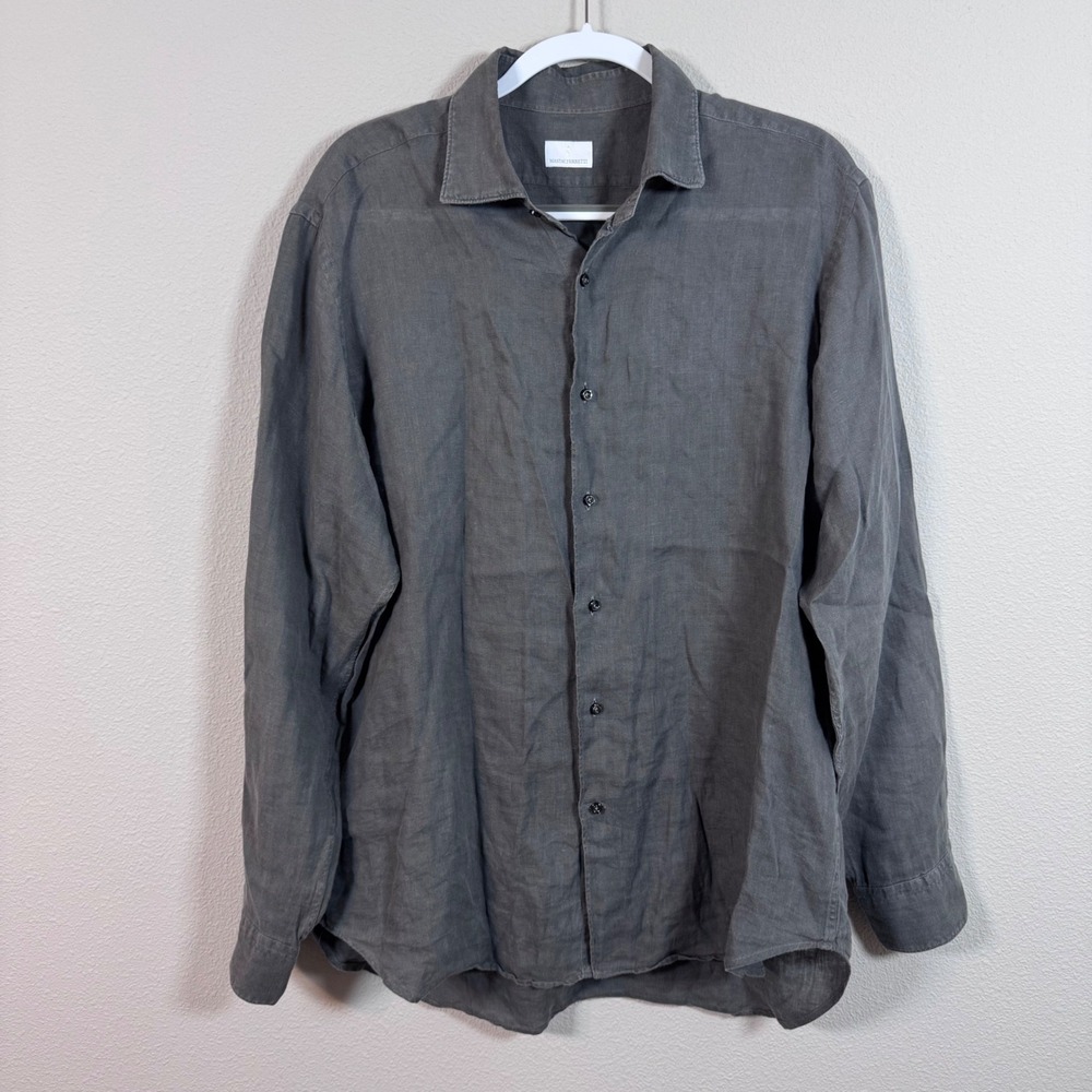 Mastai Ferretti Linen Button Down Long Sleeve Shirt Grey Lagenlook Men's Large